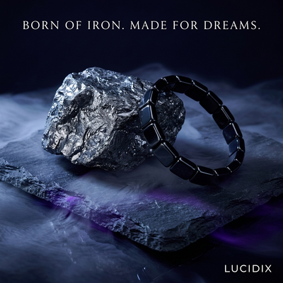 Raw hematite ore beside polished Lucidix dream band