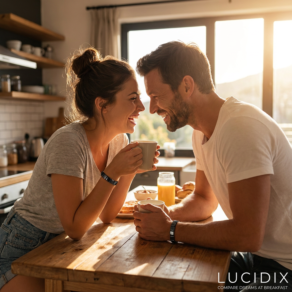 Couple comparing dreams at breakfast wearing Lucidix bands