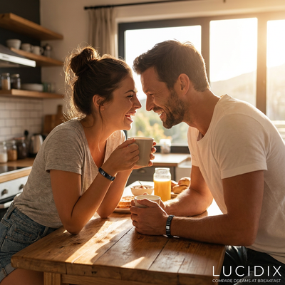 Couple comparing dreams at breakfast wearing Lucidix bands